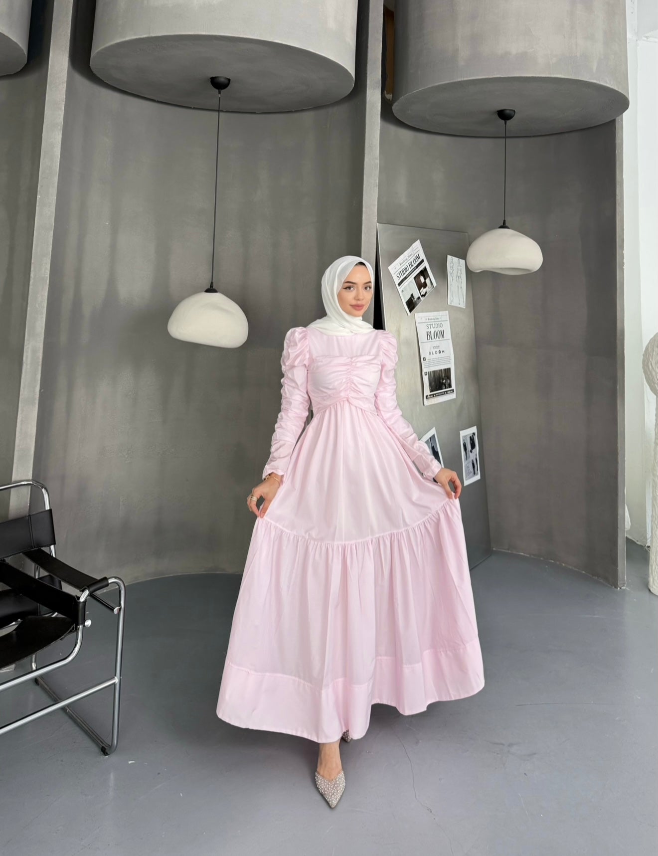 Büzgülü Poplin Elbise -Pembe