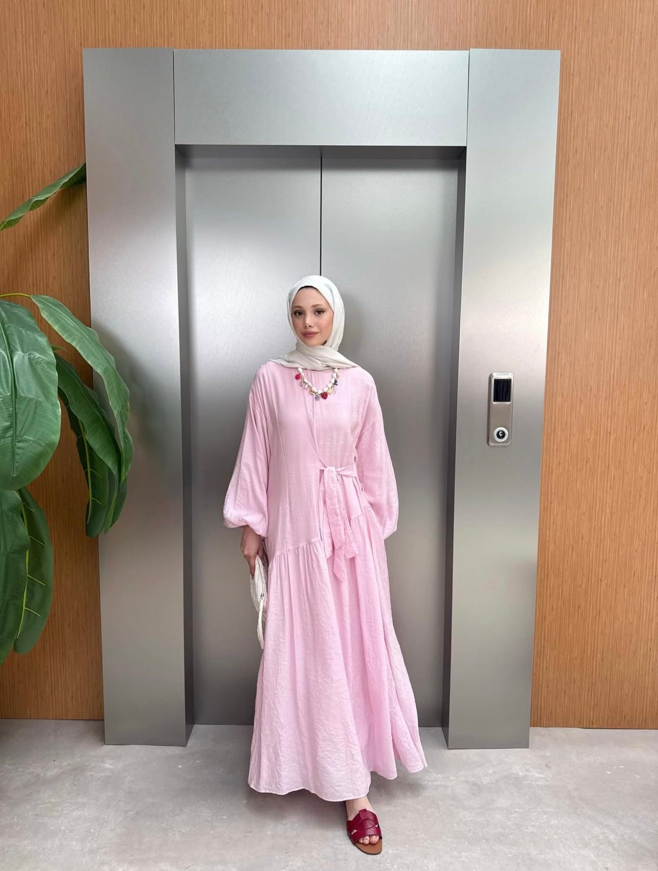 Bağlama Balon Kol Elbise-Pembe