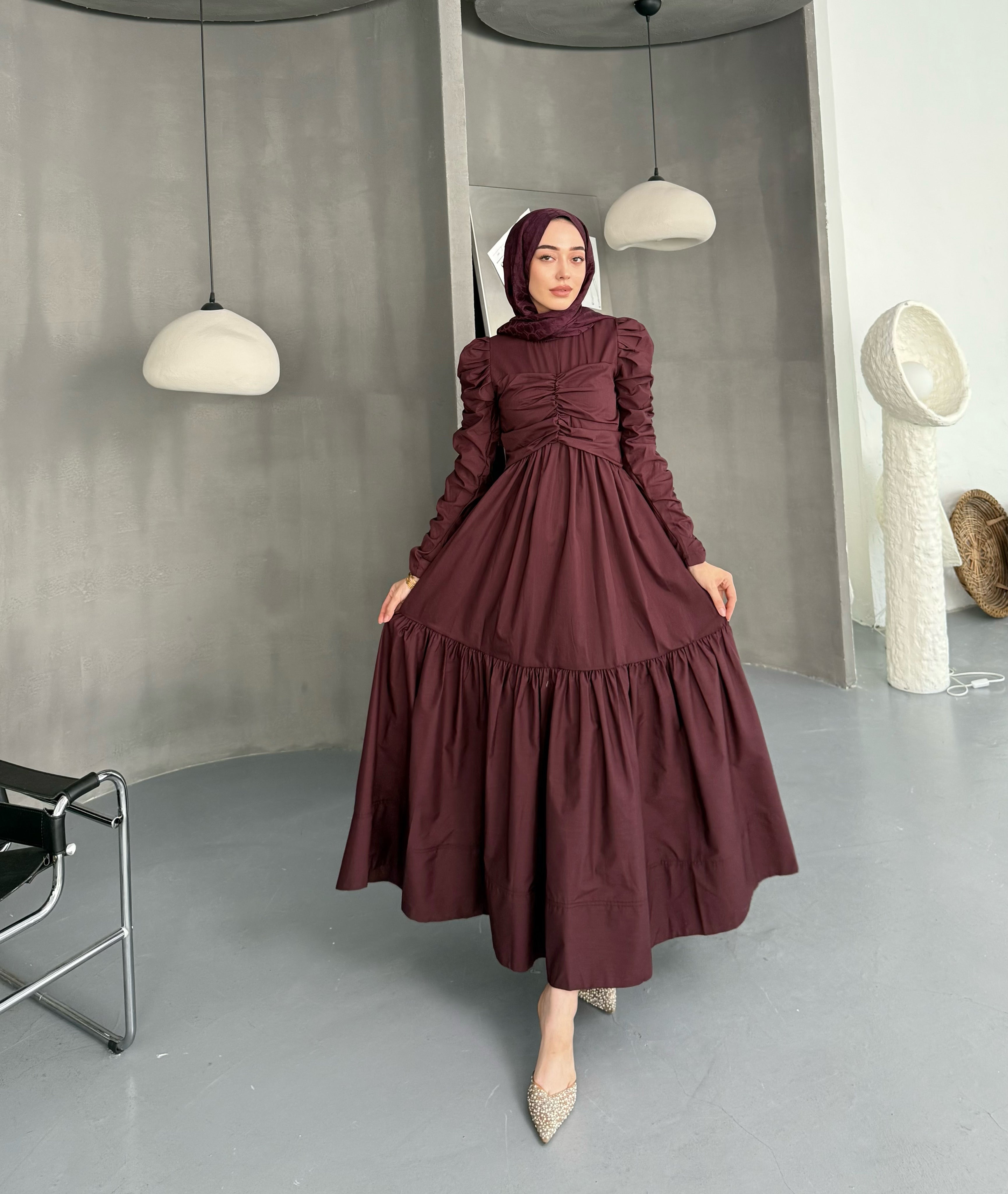 Büzgülü Poplin Elbise-Mürdüm