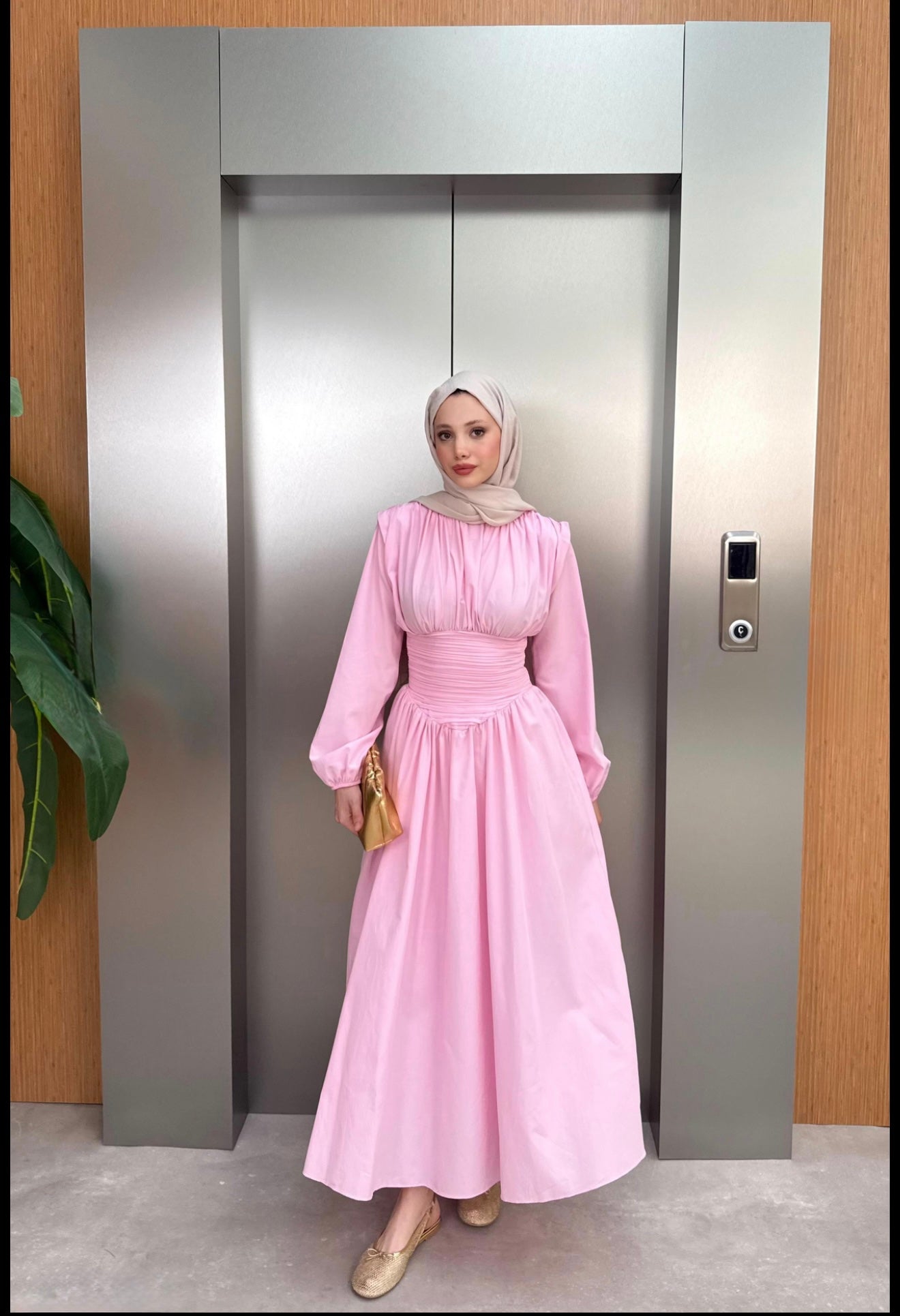 Belden Büzgülü Poplin Elbise-Pembe