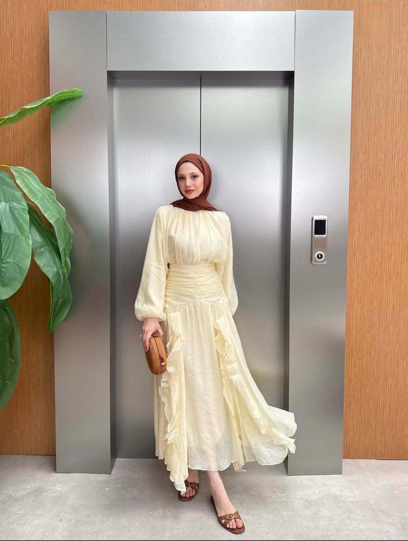 Bağlamalı Fırfır Kol Elbise-Sarı
