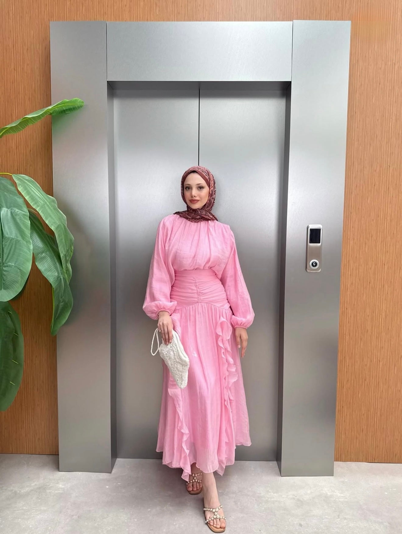 Bağlamalı Fırfır Kol Elbise-Pembe
