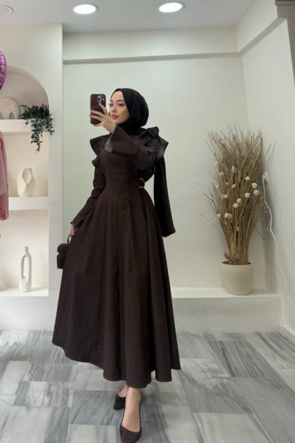 Kot Detaylı Elbise-Kahve