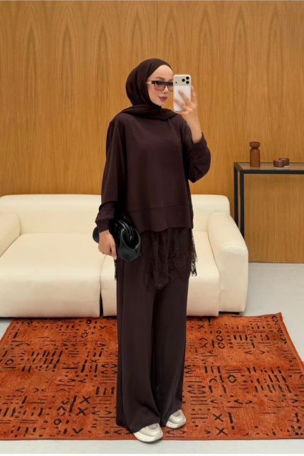 Dantel Detaylı Oversize Takım - Kahve