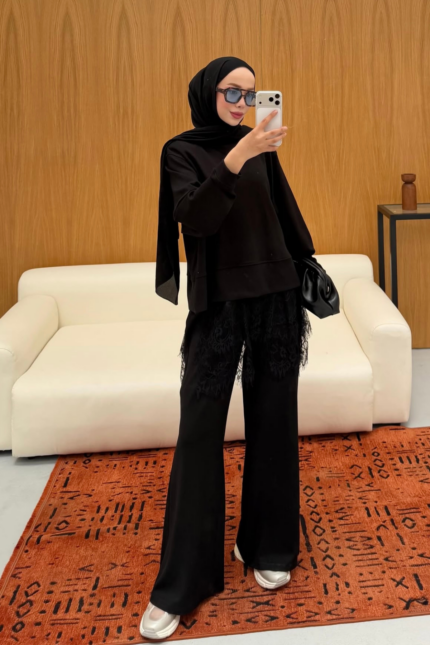 Dantel Detaylı Oversize Takım - Siyah